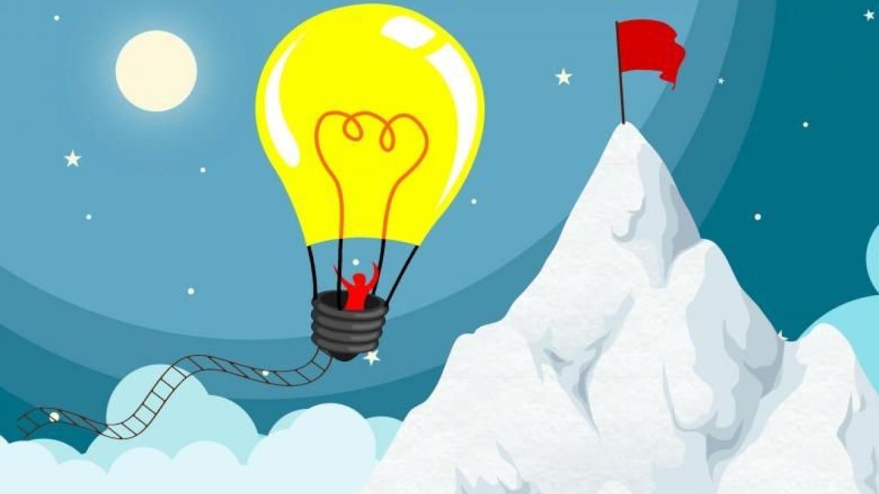 Cartoon lightbulb as hot air balloon floating through sky.