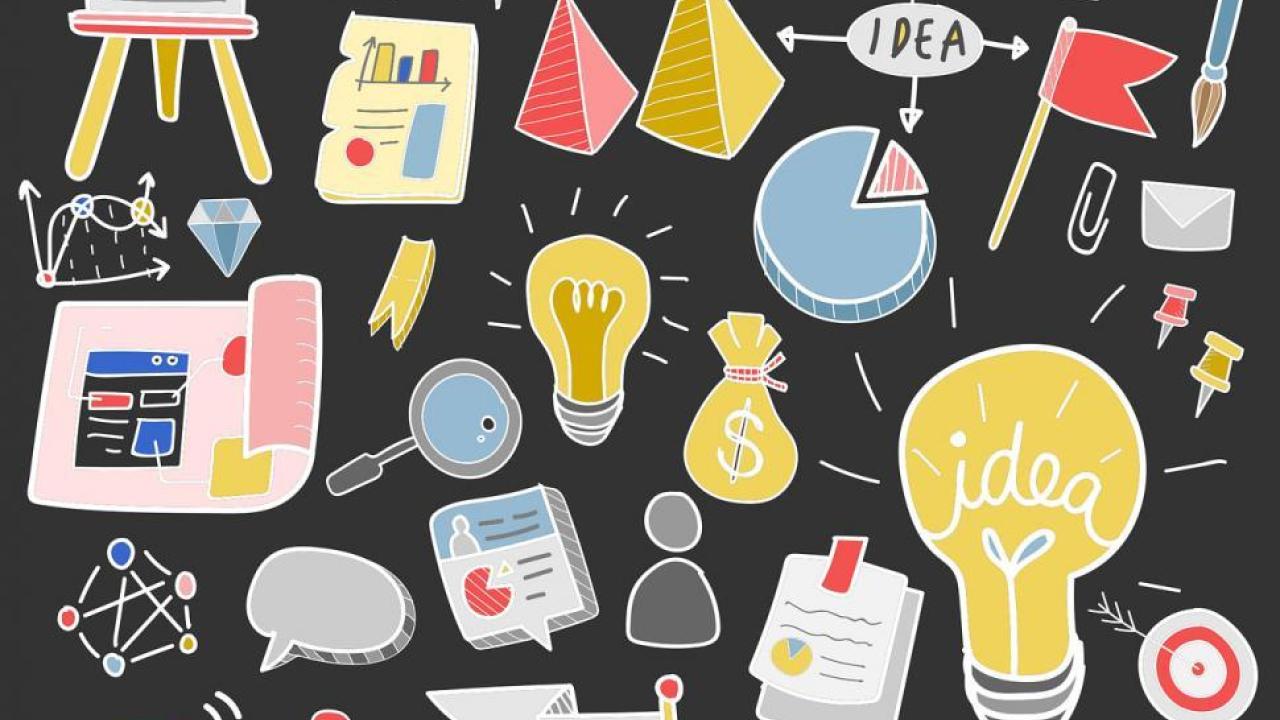 Various icons related to ideas, including pens, lightbulbs, posters, etc.