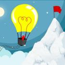 Cartoon lightbulb as hot air balloon floating through sky.
