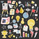 Various icons related to ideas, including pens, lightbulbs, posters, etc.